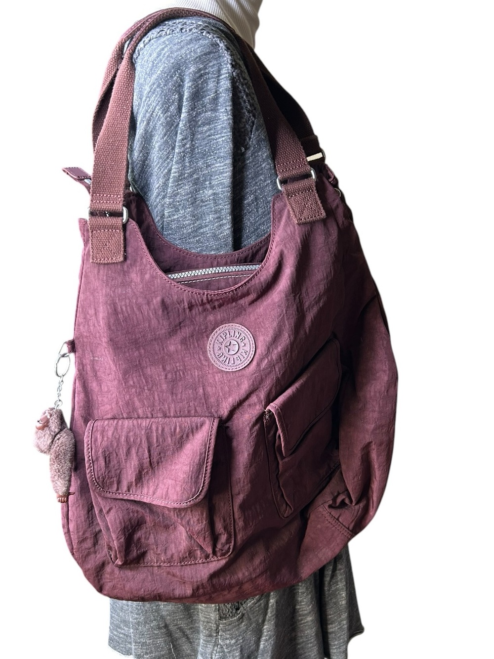 kipling rose shoulder bag burgundy large with monkey keychain zip closure